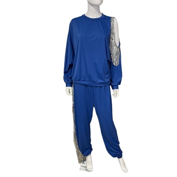 Women Blue Long Sleeve Silver Fringe Top Matching Pants Set
New - Picture 2 of 6